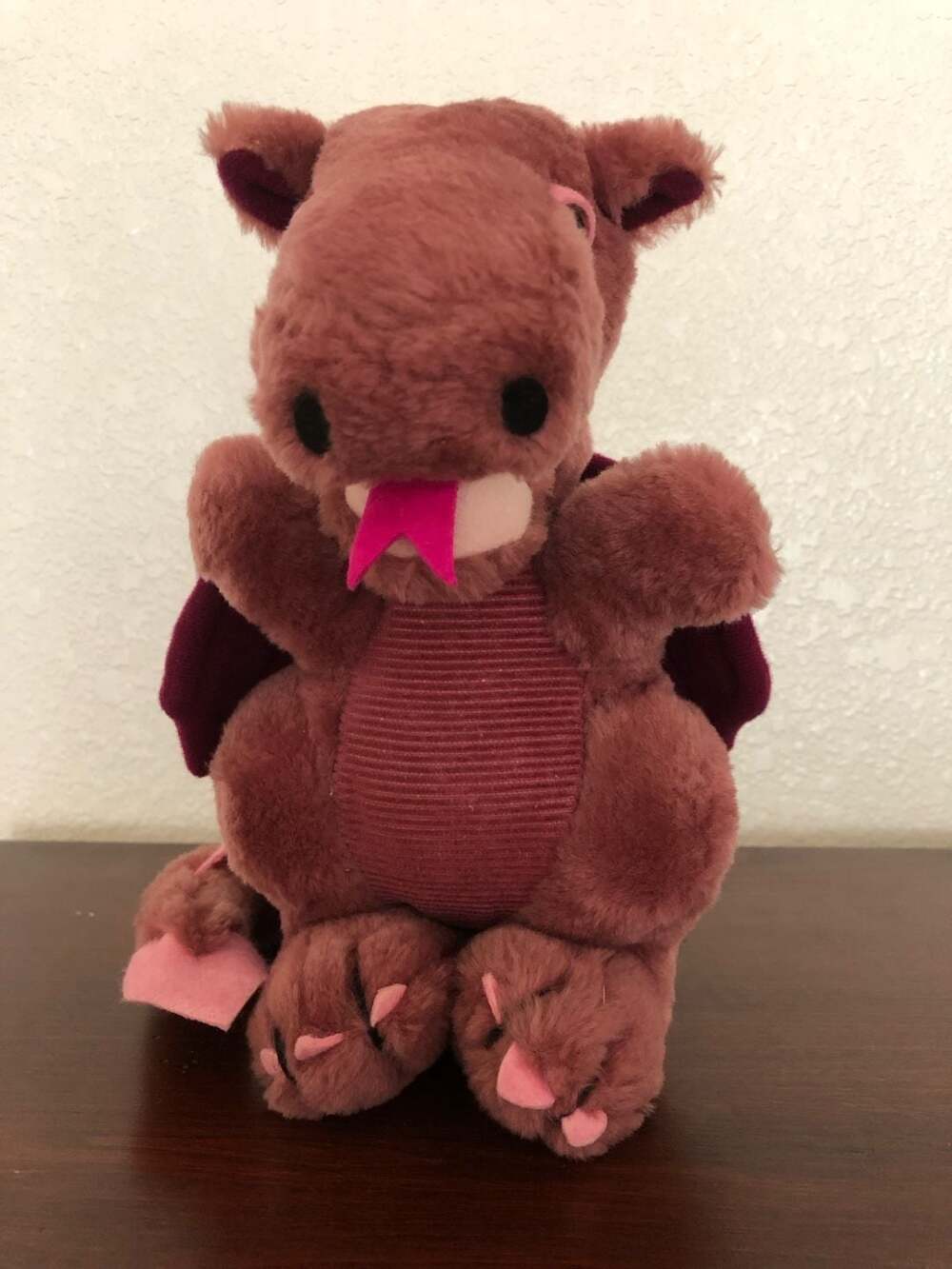 Vintage 1983 Dakin Maroon Dragon Plush with Purple Wings and Pink Tongue